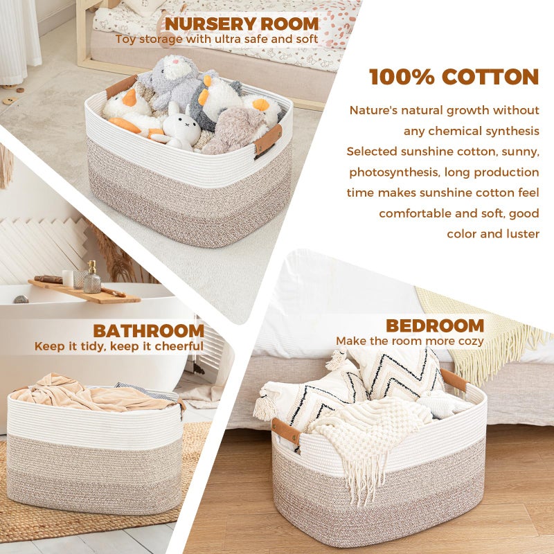 danpinera 108L Large Blanket Basket for Living Room  Woven Storage Basket with Leather Handles  Cotton Rope Storage Organization in Nursery for Toys & Clothes 25 ''* 16 ''*16 ''  Gradient Brown - Image 3